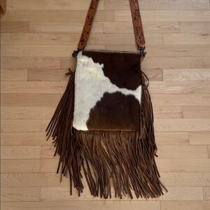 Brown and White Fringe Leather Bag